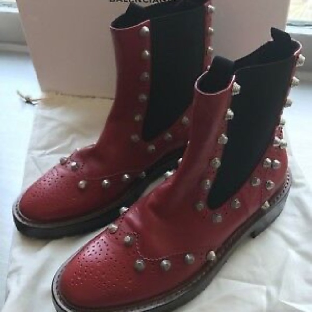 Balenciaga Red Black & Brown Leather Studded Boots